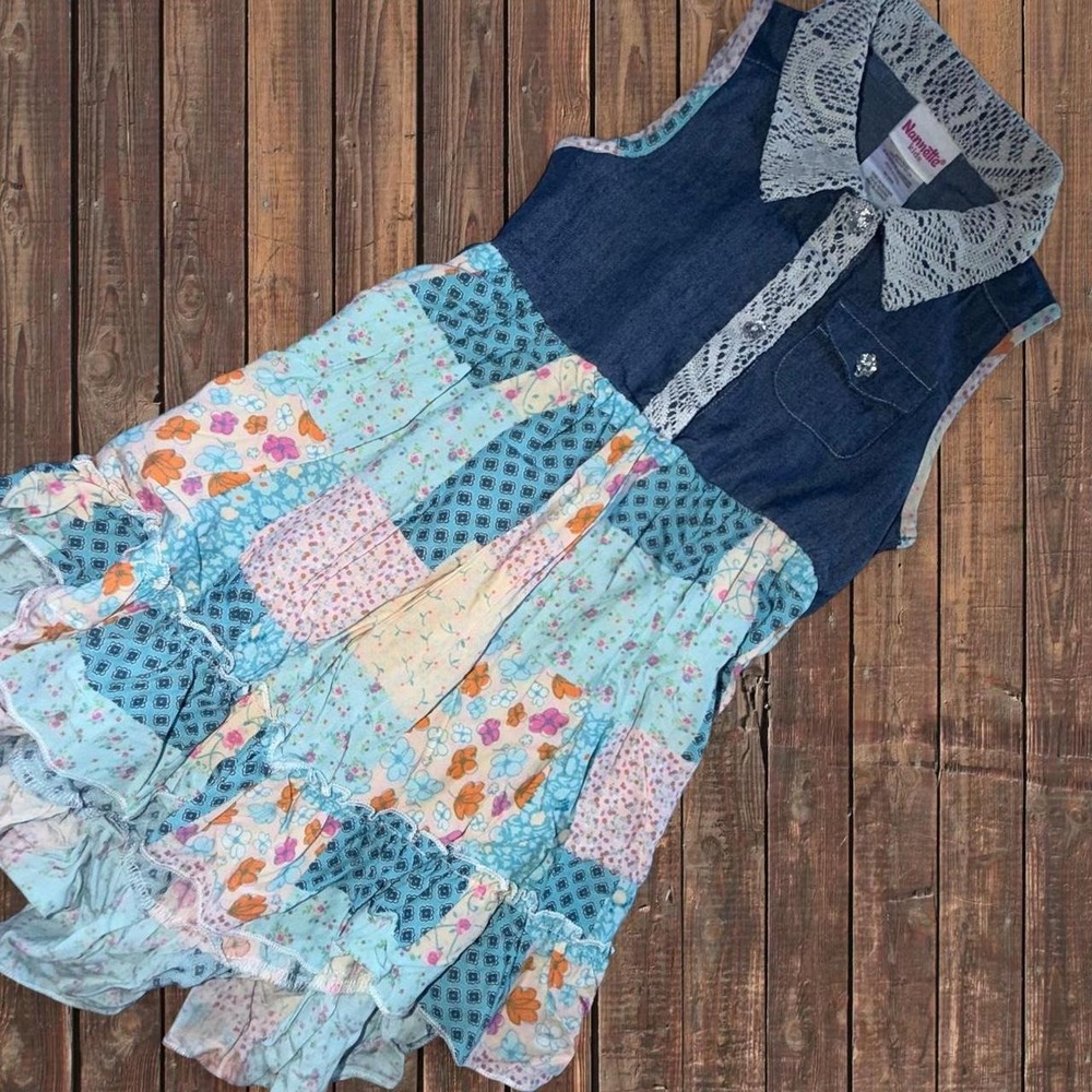 Nannette Kids Girls Patchwork Floral Denim Lace Dress Blue Pink 4T 7CD7402/0019